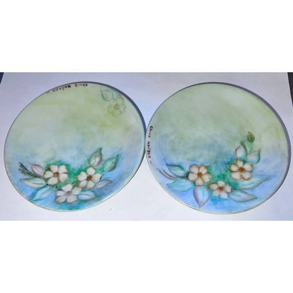 Vintage Handpainted Porcelain Candleholder, Saucers, Napkin Holder Rings, Signed - Picture 3 of 14